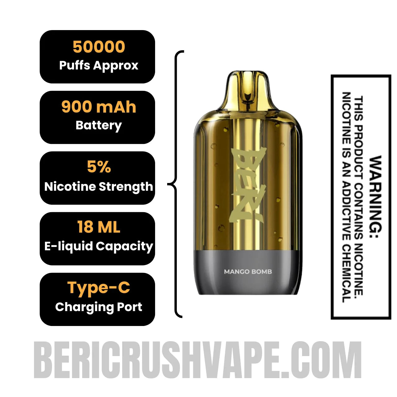 Mango Bomb Beri Cliq 50K Disposable Vape Pod Specifications Mango Bomb Beri Cliq 50K Disposable Vape Pod Specifications
