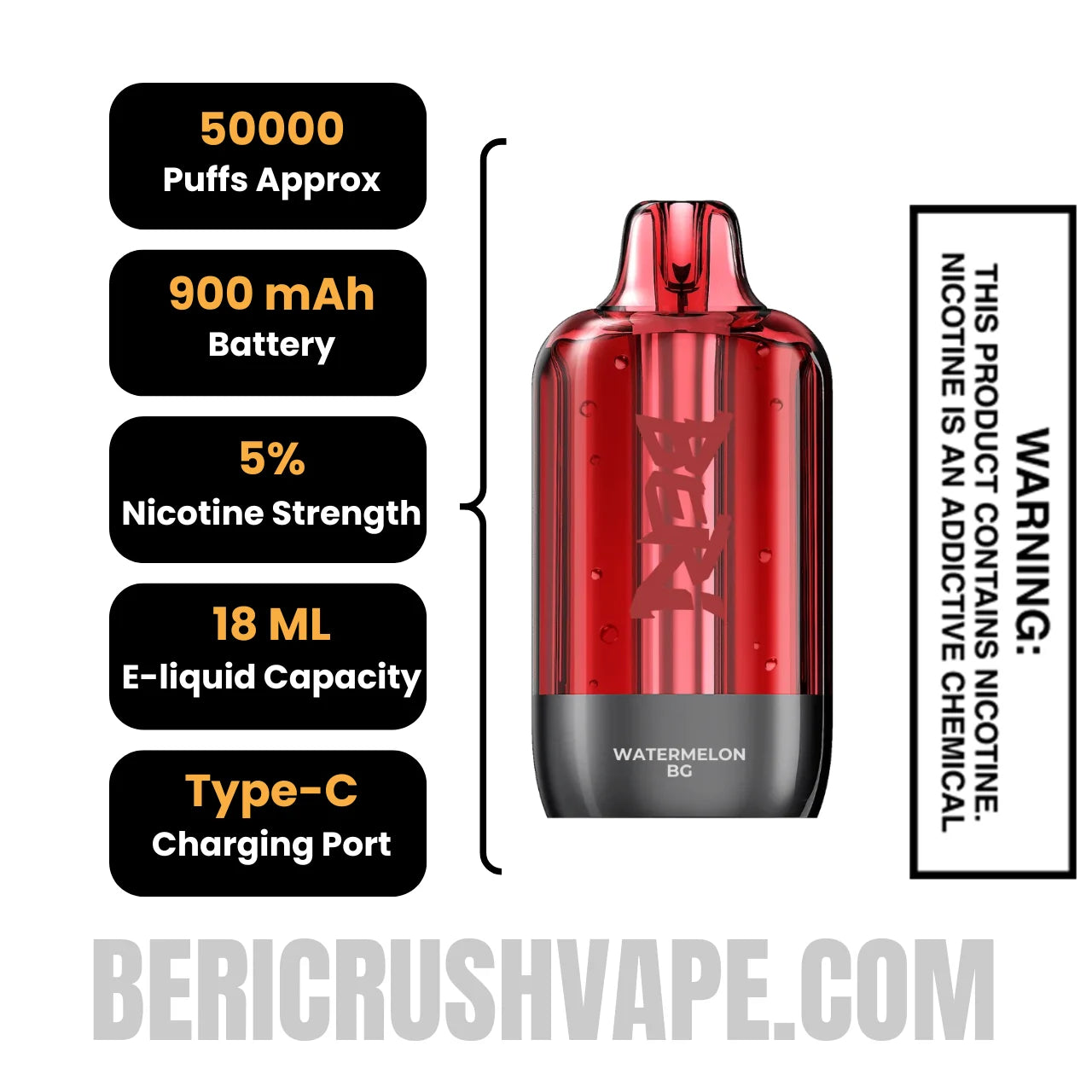 Watermelon BG Beri Cliq 50K Disposable Vape Pod Specifications Watermelon BG Beri Cliq 50K Disposable Vape Pod Specifications