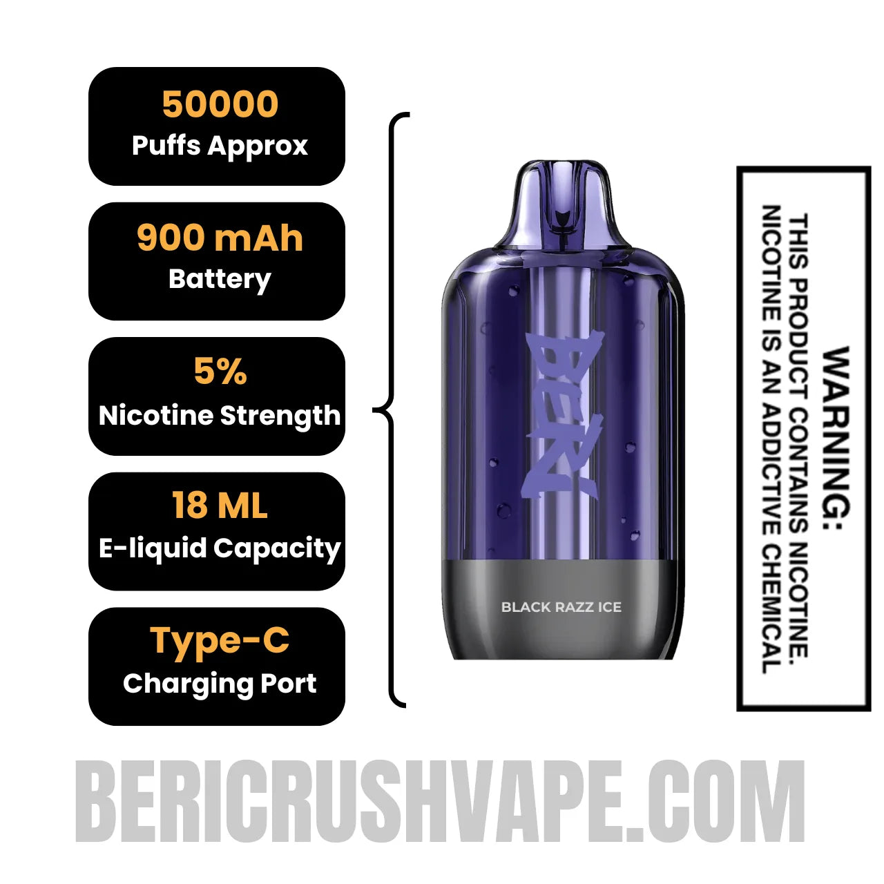 Black Razz Ice Beri Cliq 50K Disposable Vape Pod Specifications