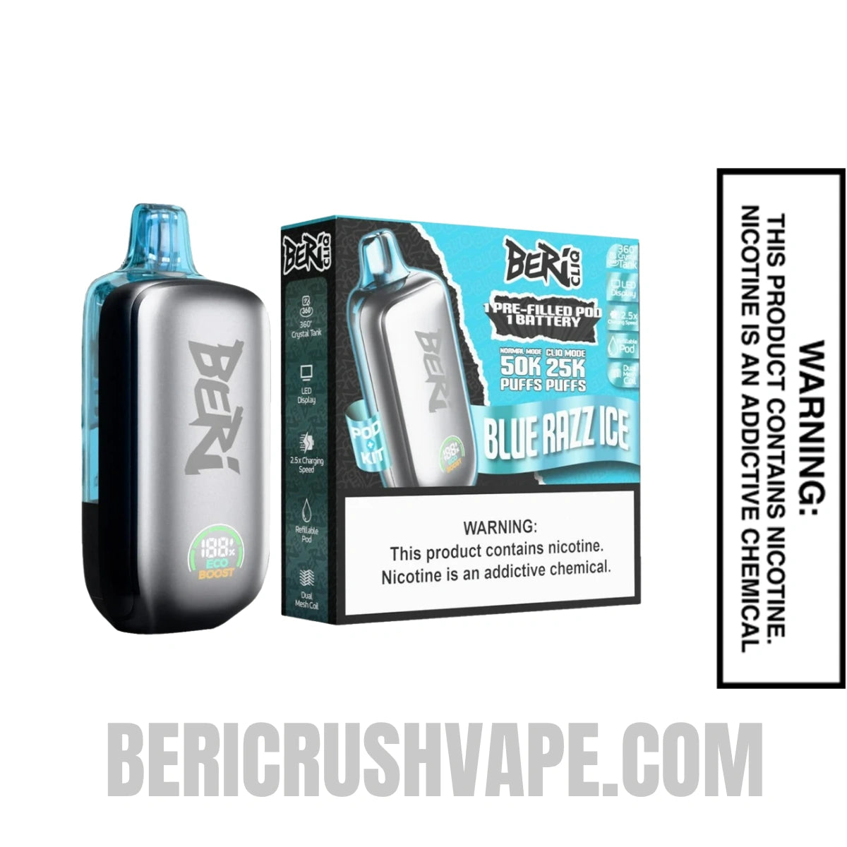 Blue Razz Ice Beri Cliq 50K Disposable Vape Kit With Package Box