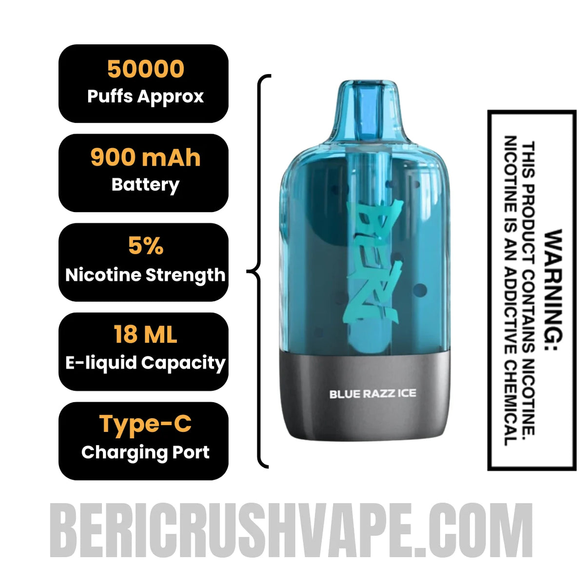 Blue Razz Ice Beri Cliq 50K Disposable Vape Pod Specifications