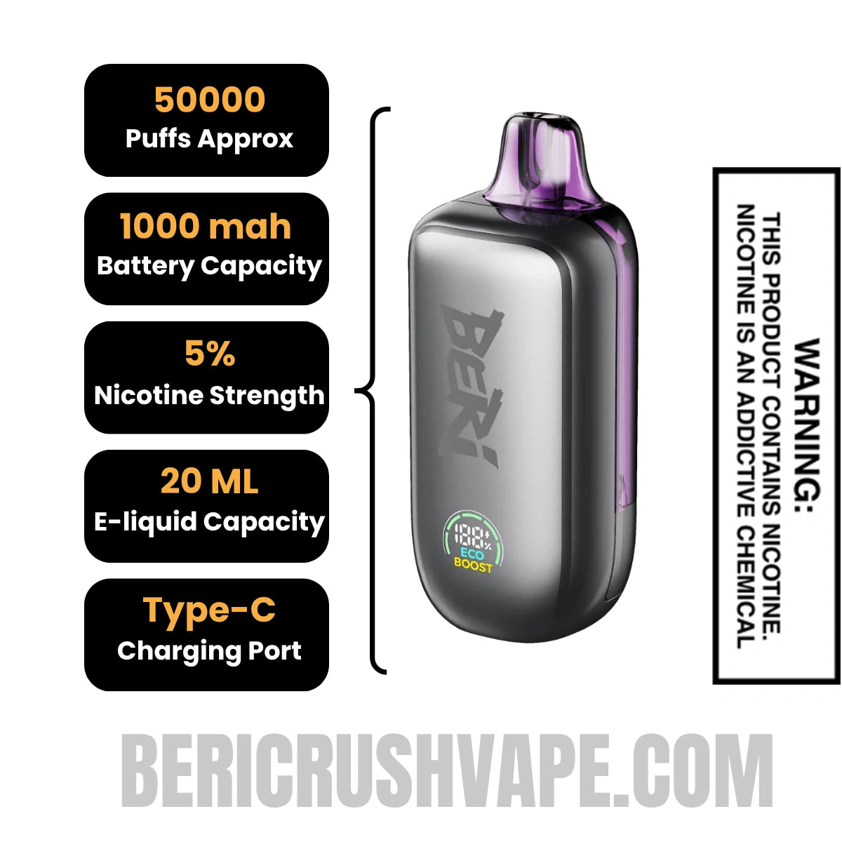 Grape Ice Beri Cliq 50K Disposable Vape Kit Specifications