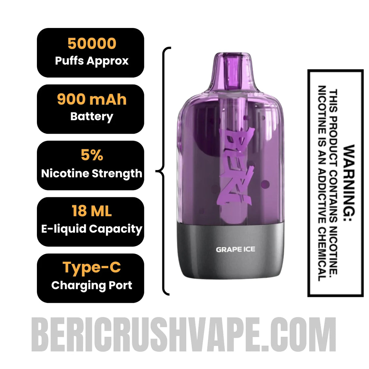 Grape Ice Beri Cliq 50K Disposable Vape Pod pecifications