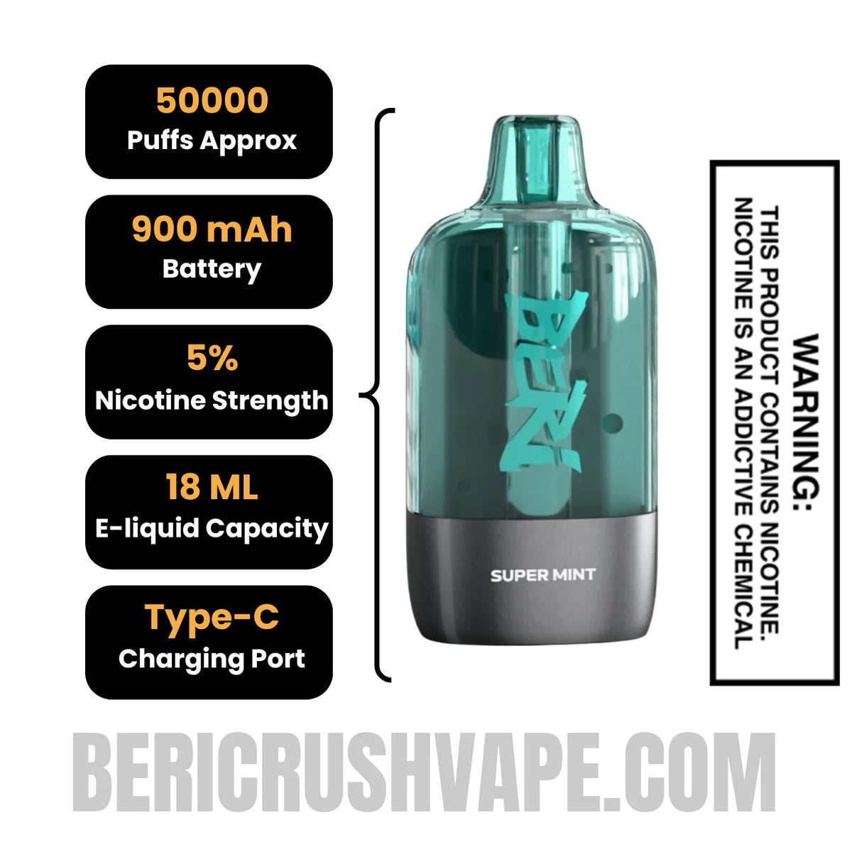 Super Mint Beri Cliq 50K Disposable Vape Pod Specifications