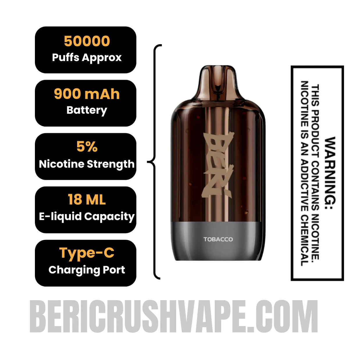 Tobacco Beri Cliq 50K Disposable Vape Pod Specifications