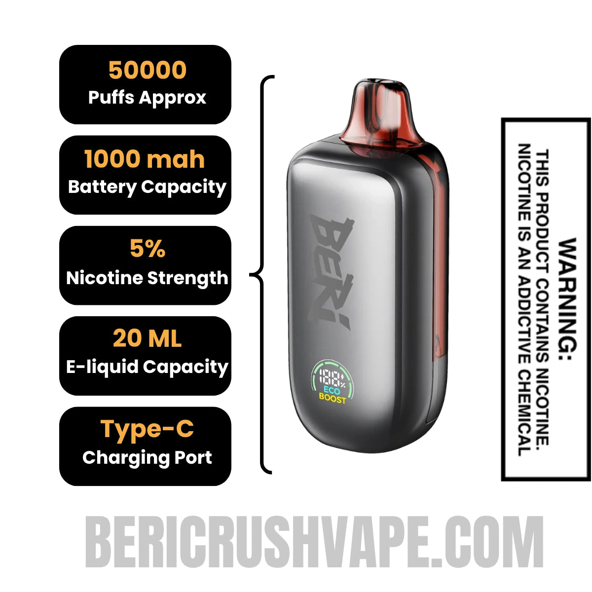 Watermelon Ice Beri Cliq 50K Disposable Vape Kit Specifications
