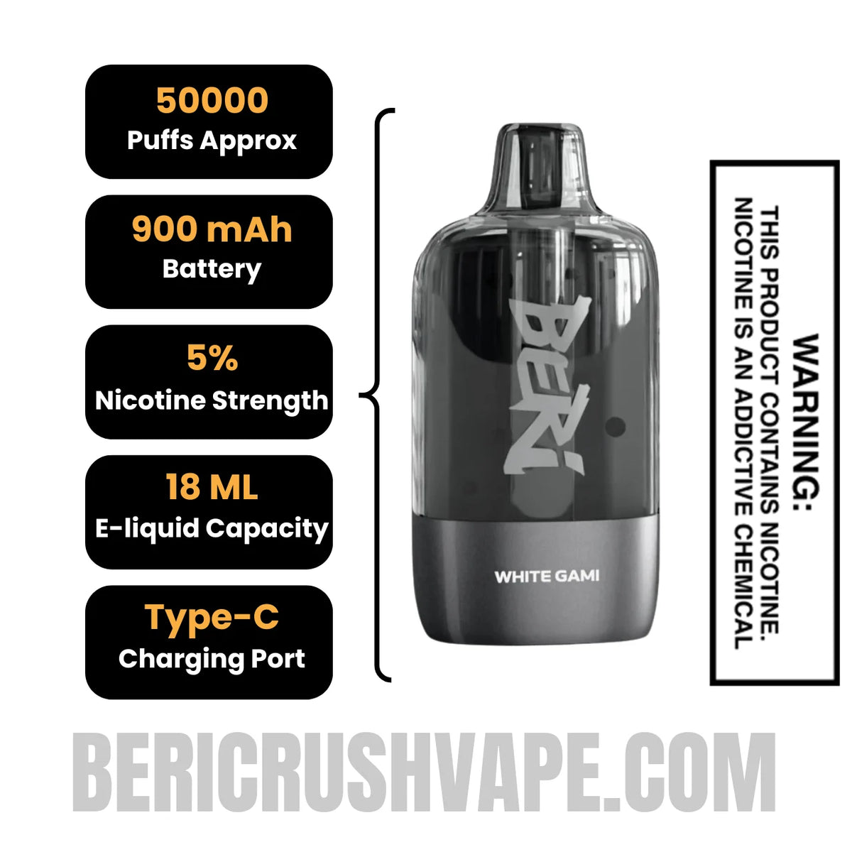 White Gami Beri Cliq 50K Disposable Vape Pod Specifications